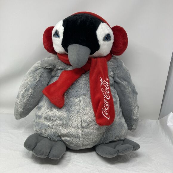 LARGE 17” Coca-Cola Penguin Holiday Plush Scarf and Earmuffs Collectible Coke - Picture 1 of 12